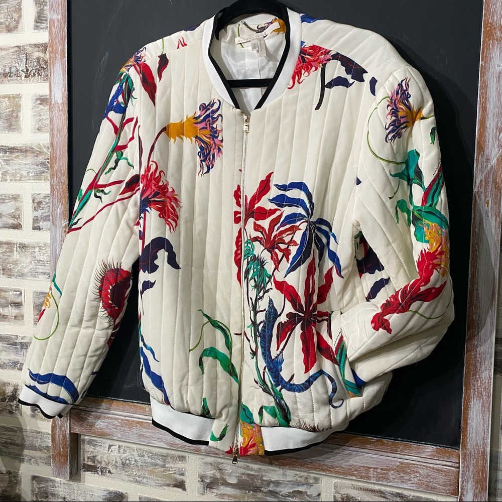Dorothee Schumacher Silk Floral Bomber Jacket Quilted Tropical Flowers Size 4